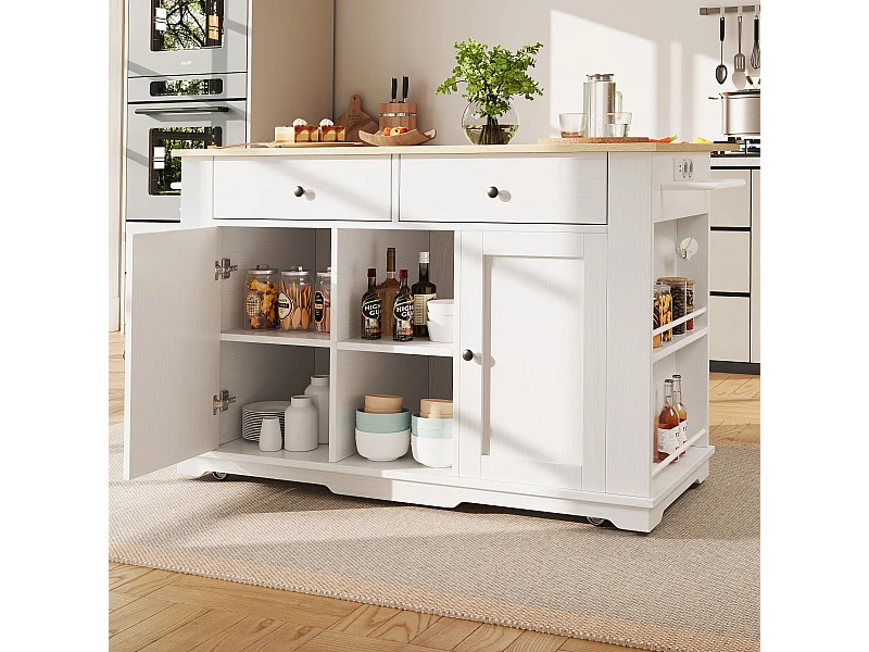 Ilot central de cuisine mobile avec 2 portes, 2 tiroirs et étagères latérales - Plateau extensible - 151.5x59.7(84.7)x91.7cm - MDF - Blanc