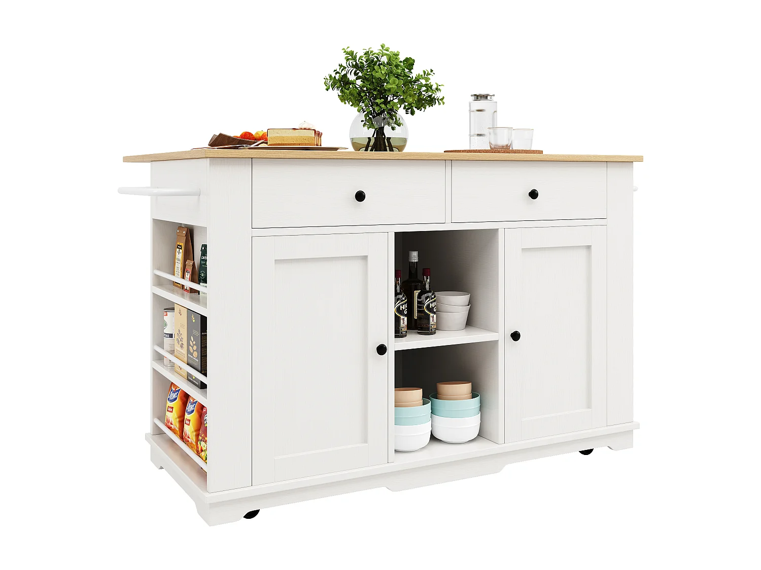 Ilot central de cuisine mobile avec 2 portes, 2 tiroirs et étagères latérales - Plateau extensible - 151.5x59.7(84.7)x91.7cm - MDF - Blanc