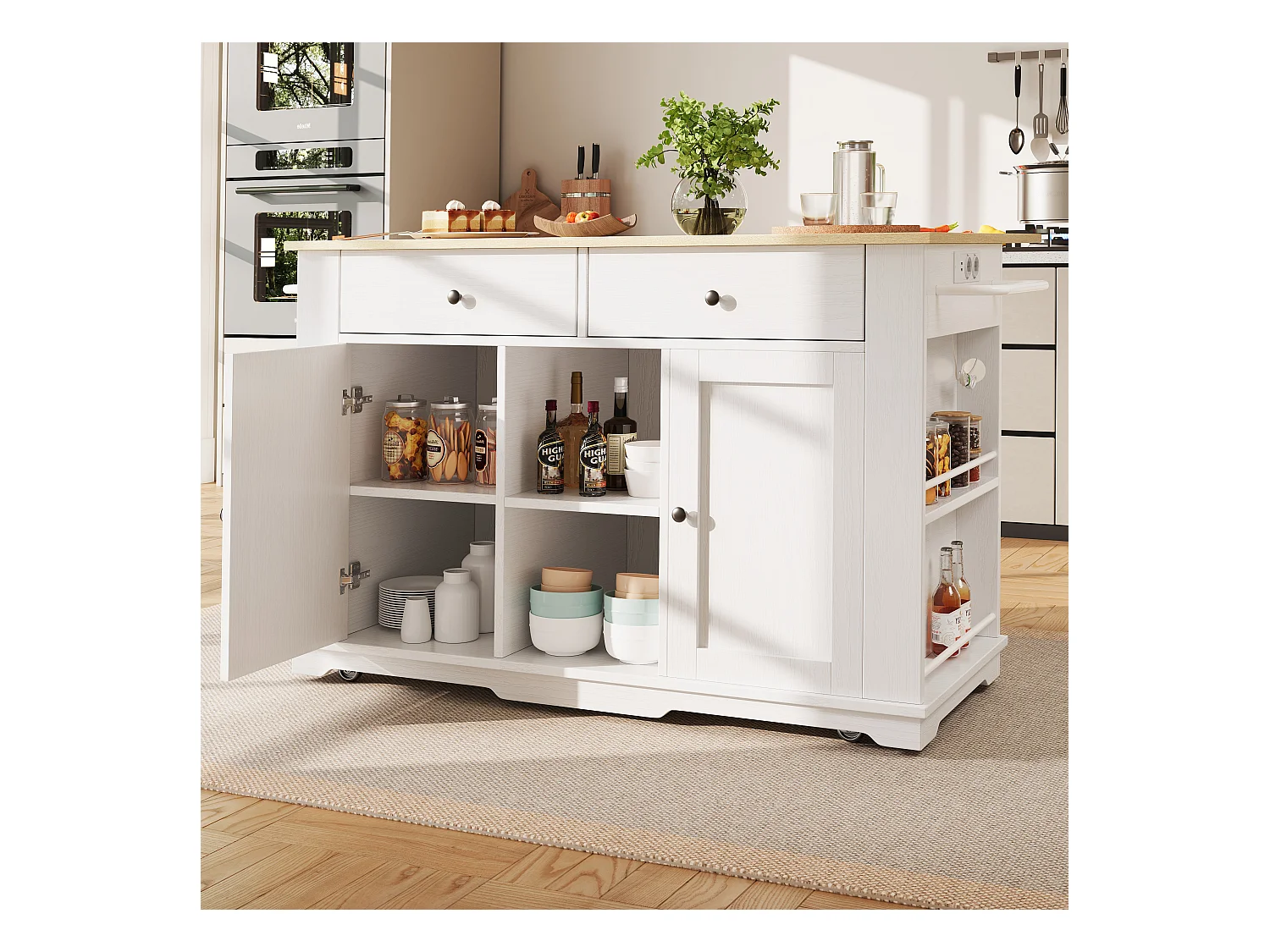 Ilot central de cuisine mobile avec 2 portes, 2 tiroirs et étagères latérales - Plateau extensible - 151.5x59.7(84.7)x91.7cm - MDF - Blanc