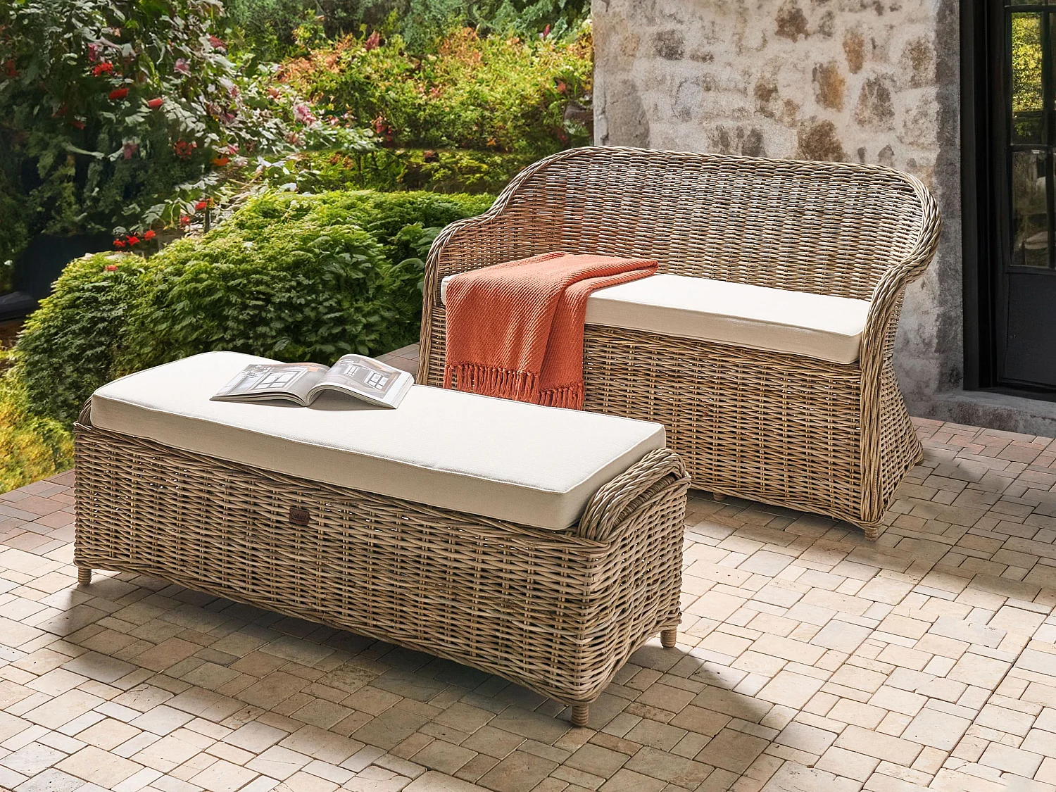 Sofa ogrodowa z otomaną dla 2 osób SUSUA Rattan Naturalny