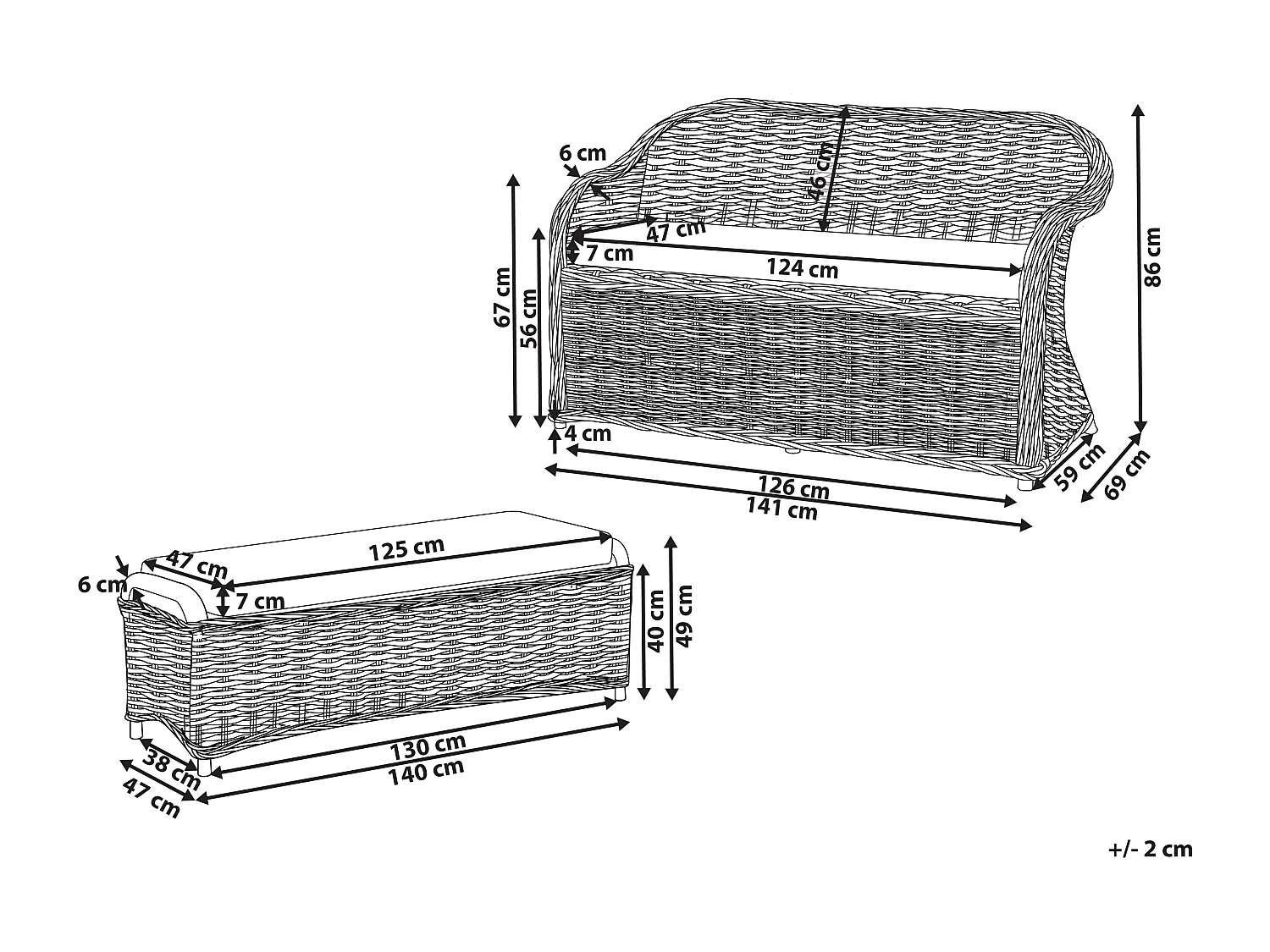Gartensofa mit Ottomane 2-Sitzer SUSUA Rattan Naturfarben