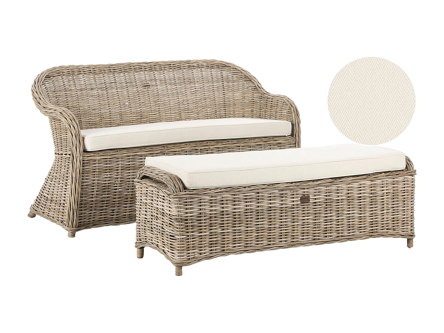 Banc avec coussin d'assise SUSUA 141 cm avec ottoman Rotin Naturel