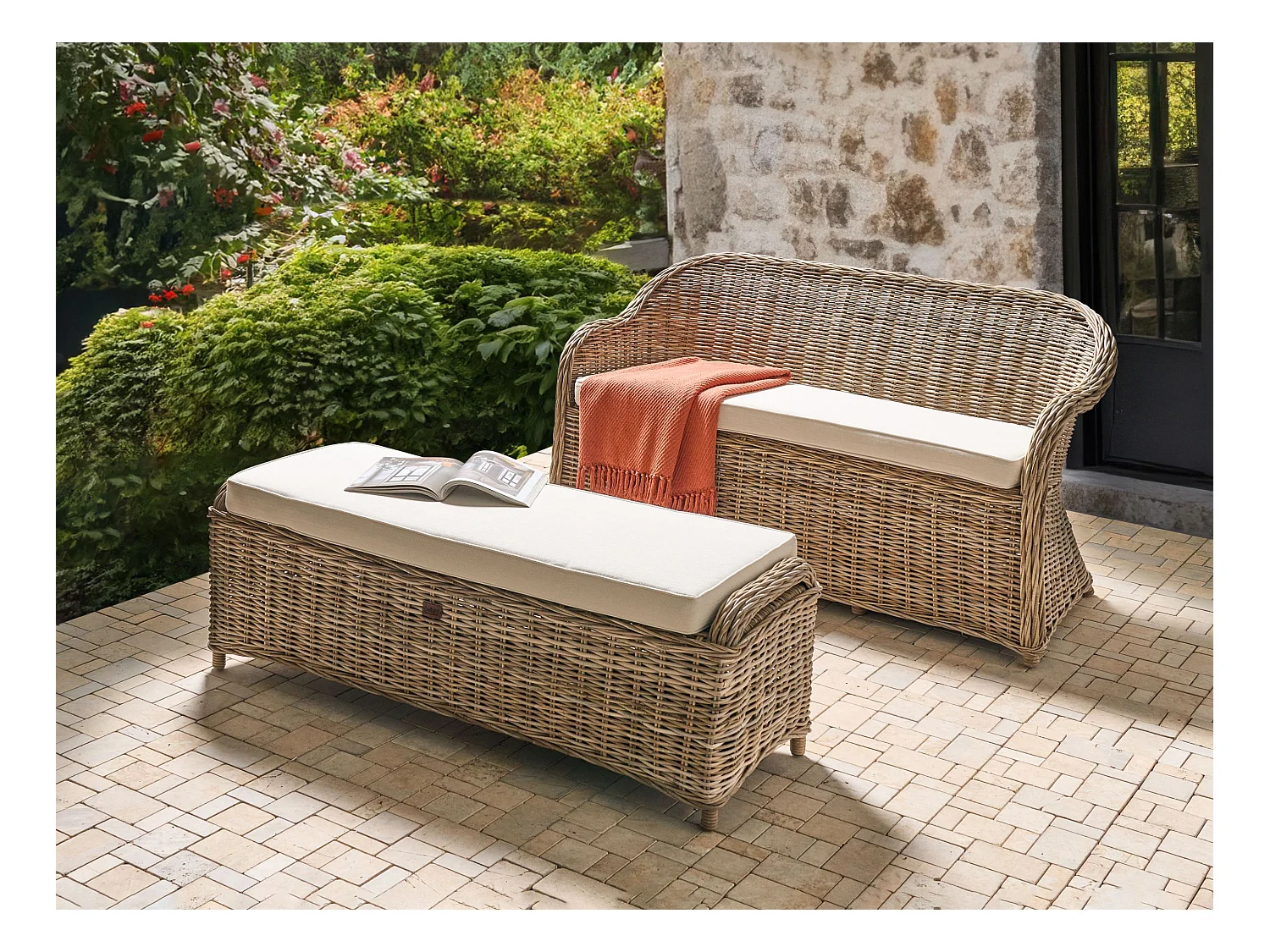 Banc avec coussin d'assise SUSUA 150 cm avec ottoman Rotin Naturel
