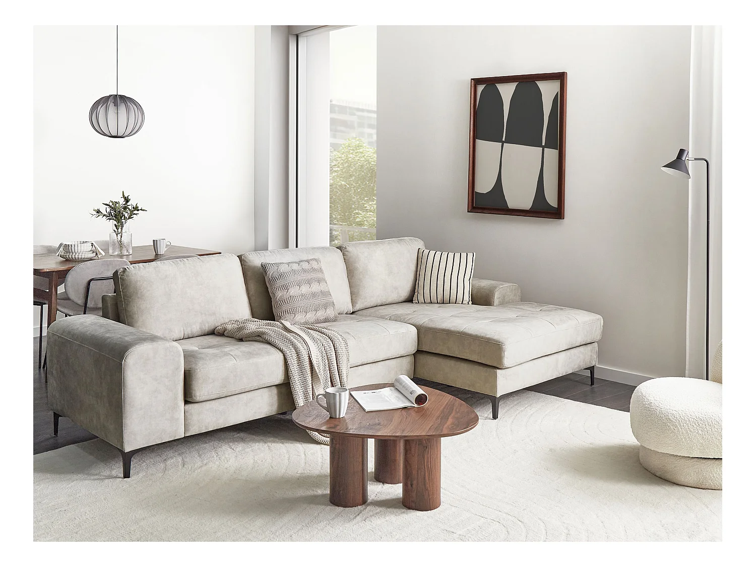 Canapé d'Angle droite Moderne Pieds en Métal Forme de L Velours Beige Clair Kiruna