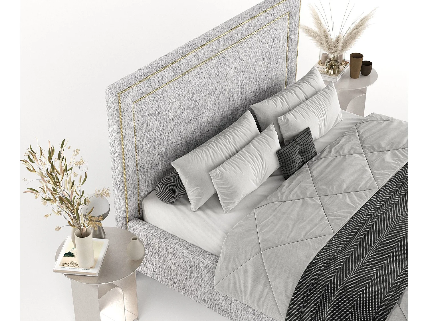 Łóżko tapicerowane Baleine - 140 x 200 cm - tkanina pleciona - jasnoszary