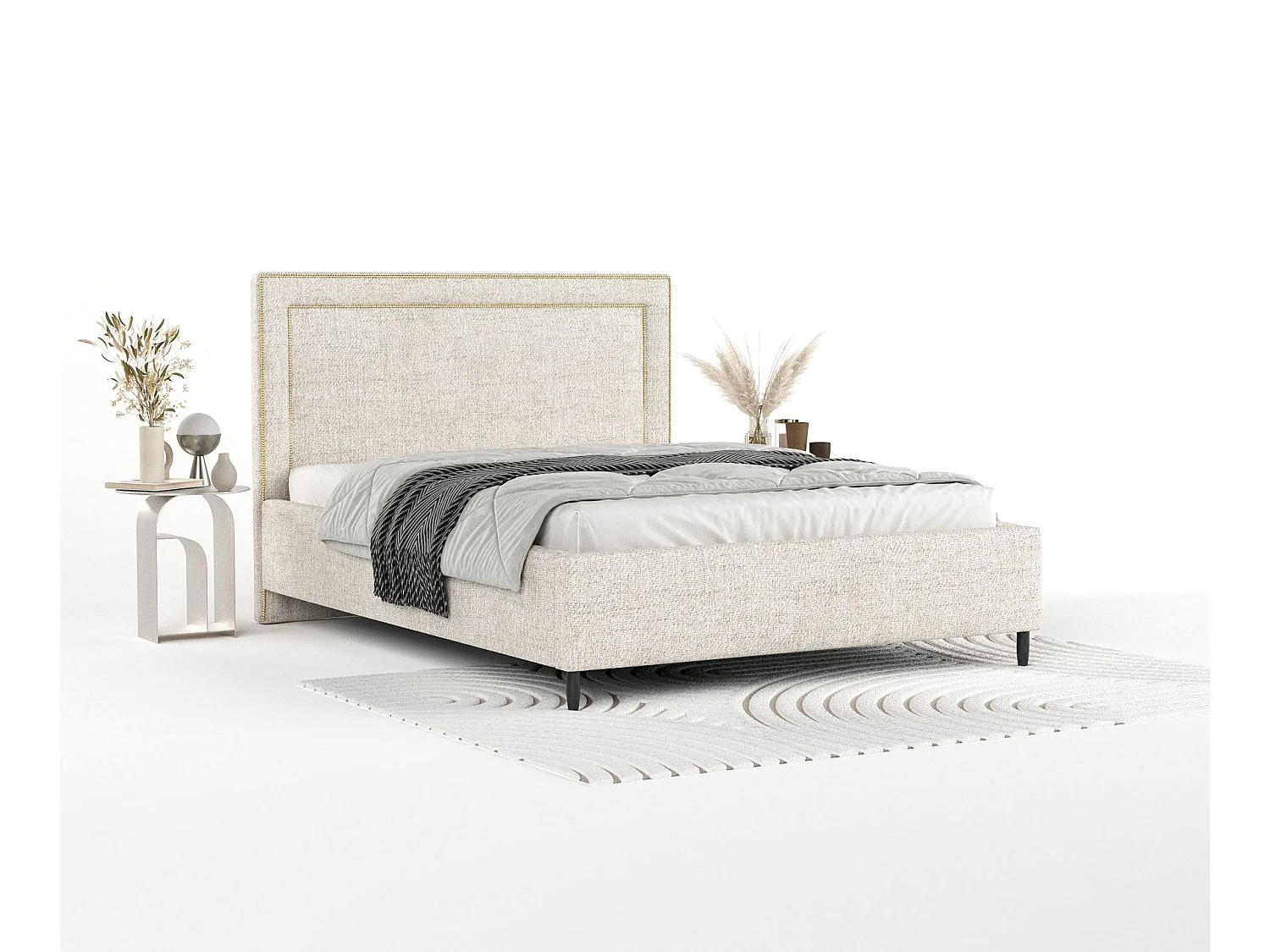 Łóżko tapicerowane Baleine - 180 x 200 cm - tkanina pleciona - kremowy