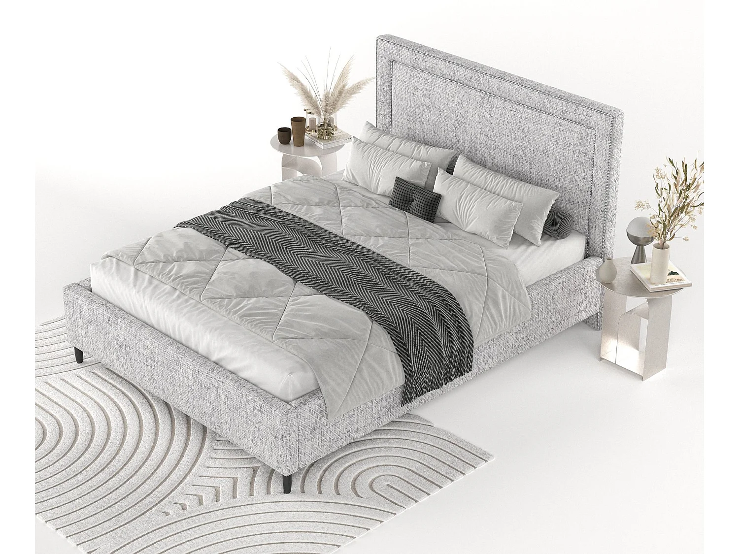 Łóżko tapicerowane Baleine - 120 x 200 cm - tkanina pleciona - jasnoszary