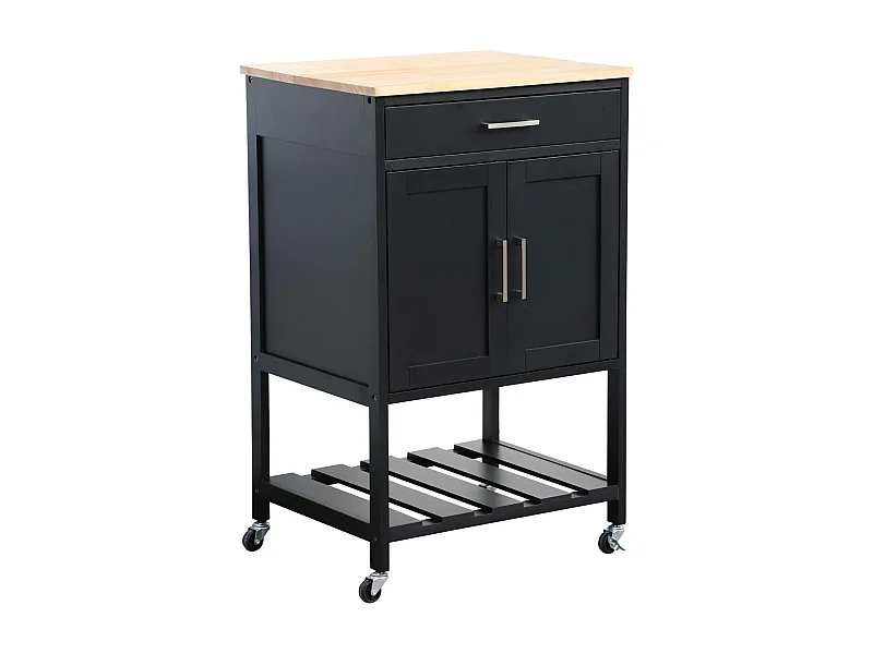Carrello da cucina in legno di gomma con 2 ripiani, 56cm , nero