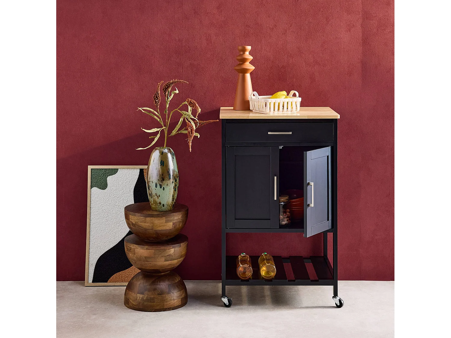 Carro de cocina con encimera de madera de pino negro