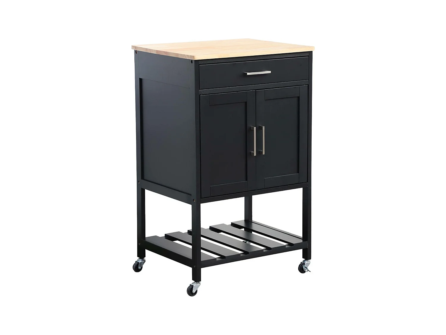 Desserte de cuisine noire BENDOR plateau en bois d'hévéa. 56 x 46 x 90 cm. 4 roues. 1 tiroir. 2 étagère. 1 double porte. style contemporain