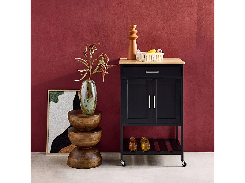 Desserte de cuisine noire BENDOR plateau en bois d'hévéa. 56 x 46 x 90 cm. 4 roues. 1 tiroir. 2 étagère. 1 double porte. style contemporain