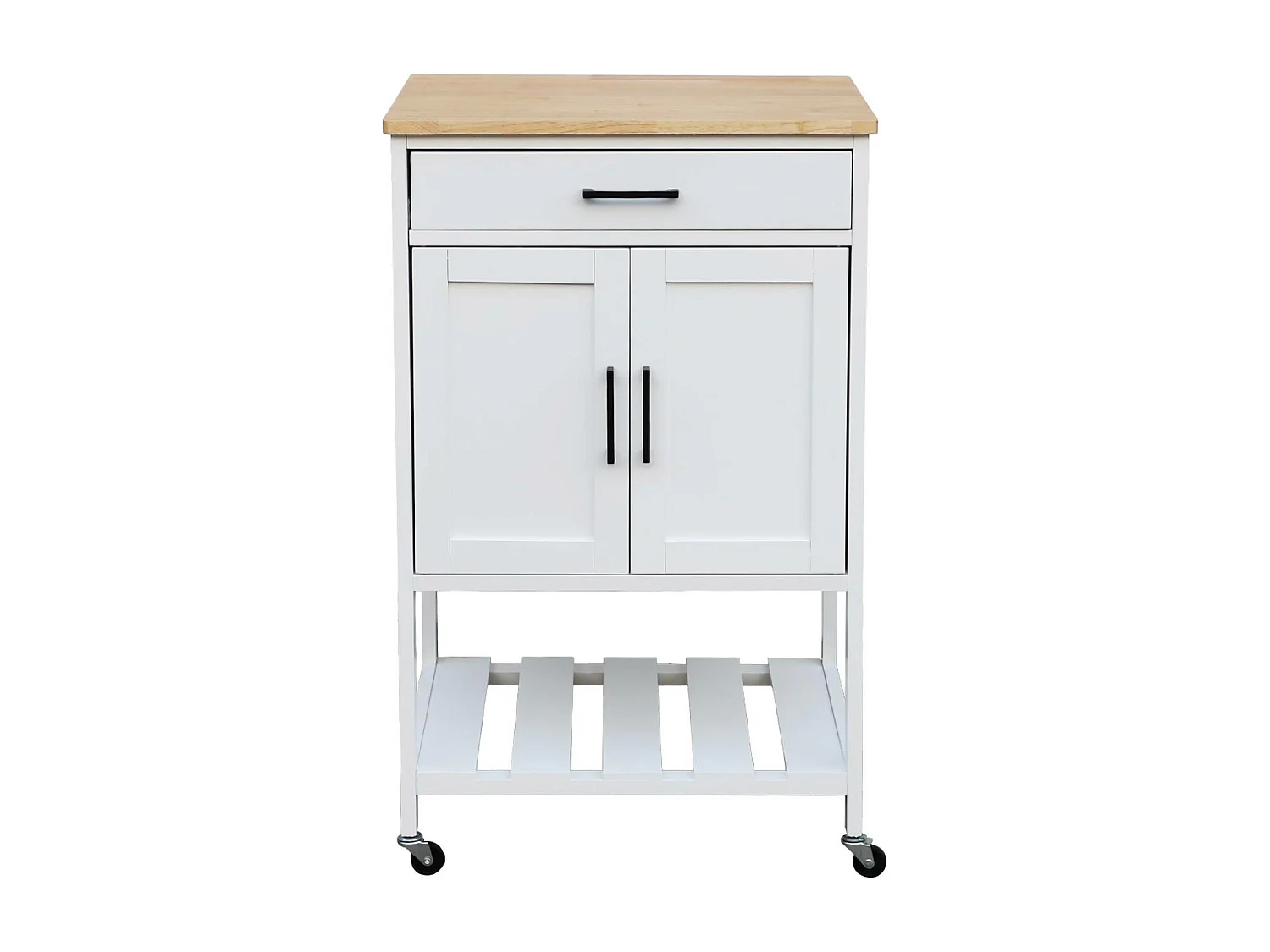 Carrello da cucina in legno di gomma con 2 ripiani, 56cm , bianco