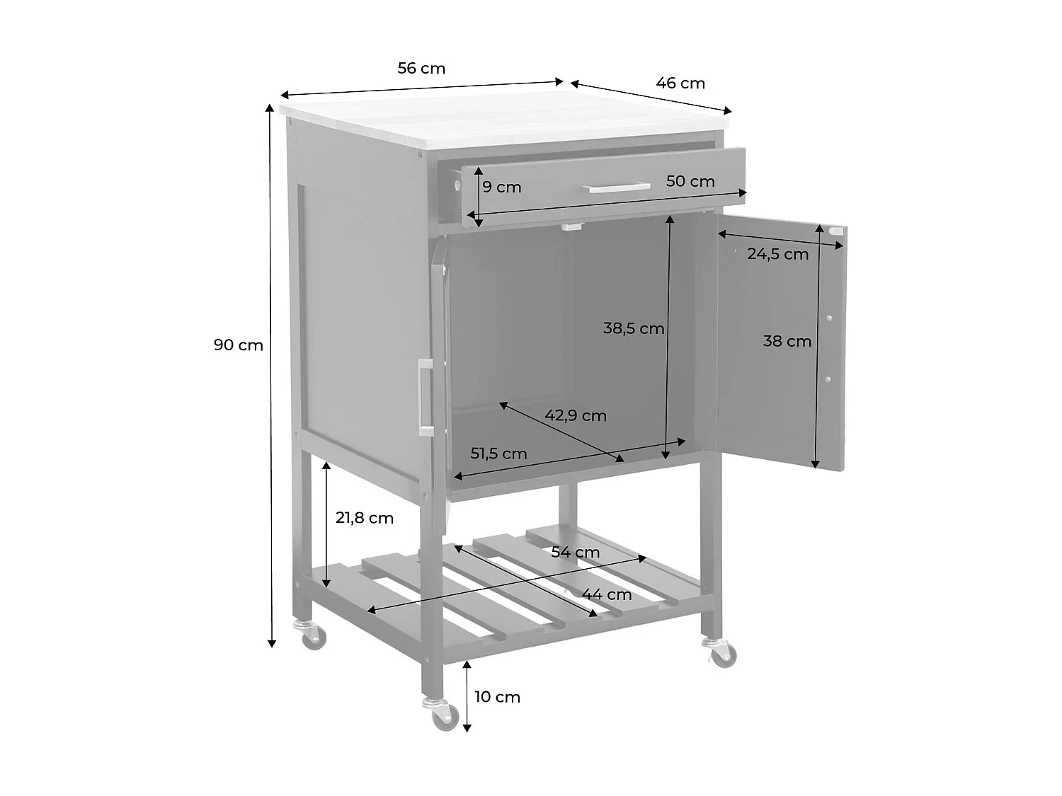 Carrello da cucina in legno di gomma con 2 ripiani, 56cm , bianco
