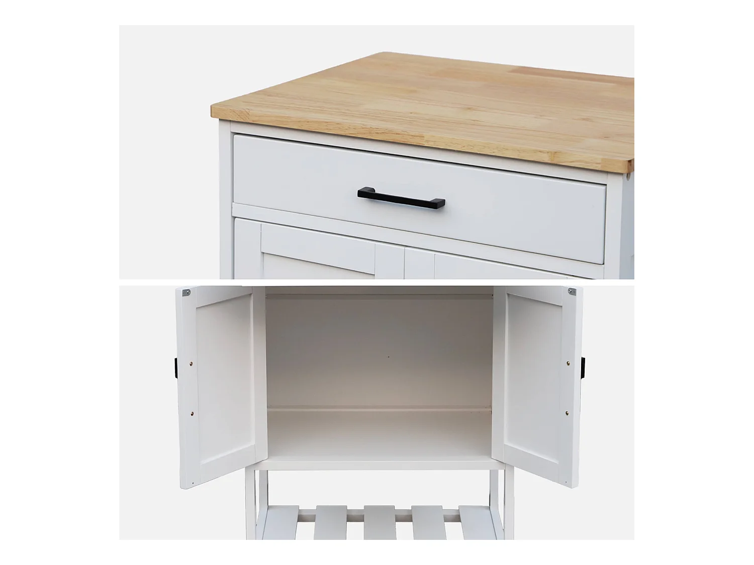 Carrello da cucina in legno di gomma con 2 ripiani, 56cm , bianco