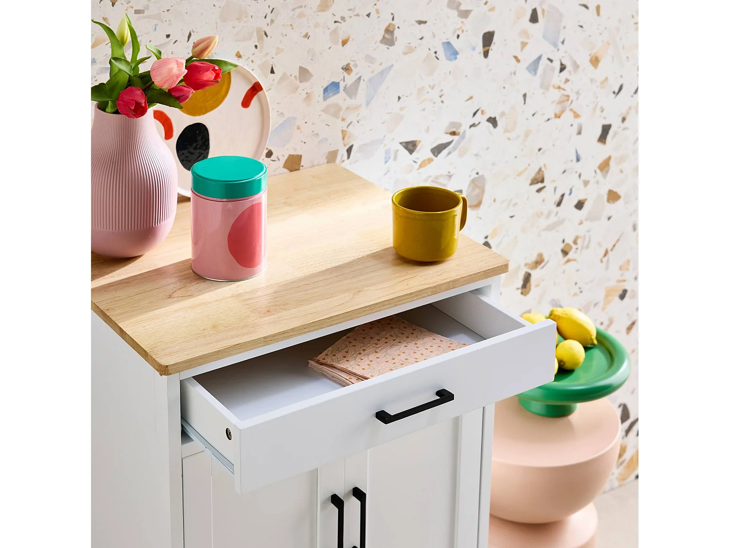 Carro de cocina con encimera de madera de pino blanco