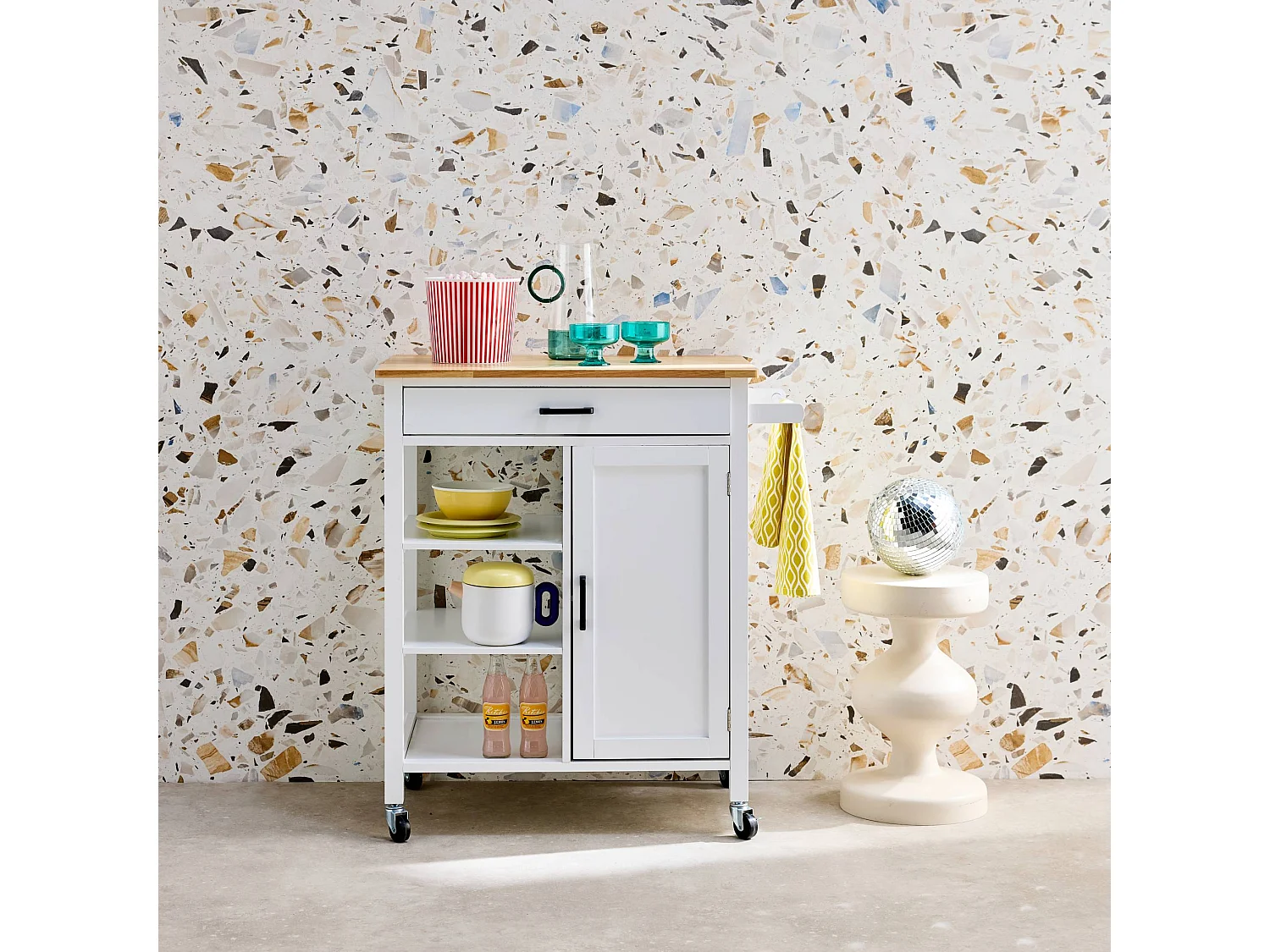 Carrello da cucina in legno di gomma con 5 ripiani, 74cm, bianco