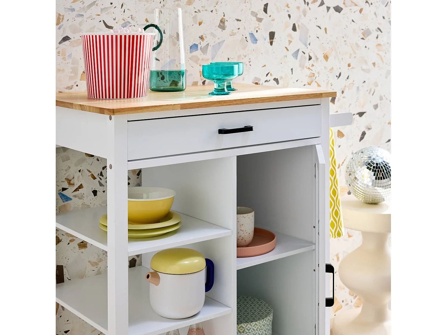 Carrello da cucina in legno di gomma con 5 ripiani, 74cm, bianco