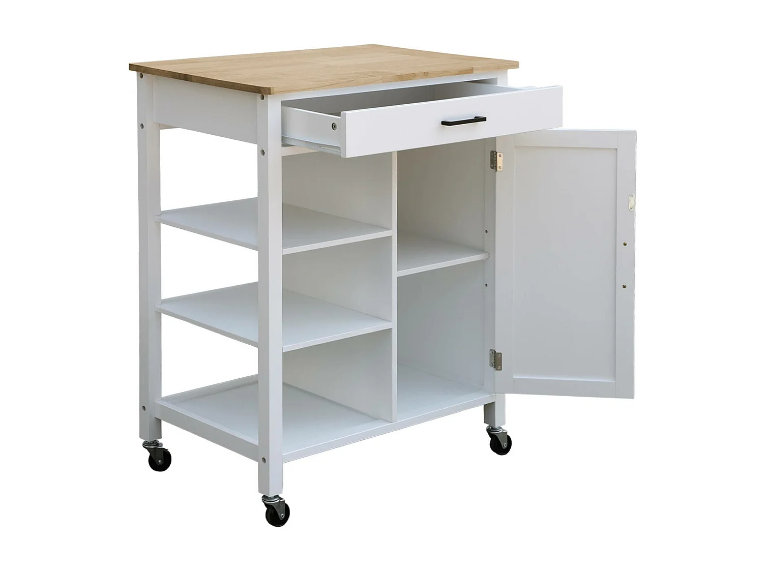 Carrello da cucina in legno di gomma con 5 ripiani, 74cm, bianco