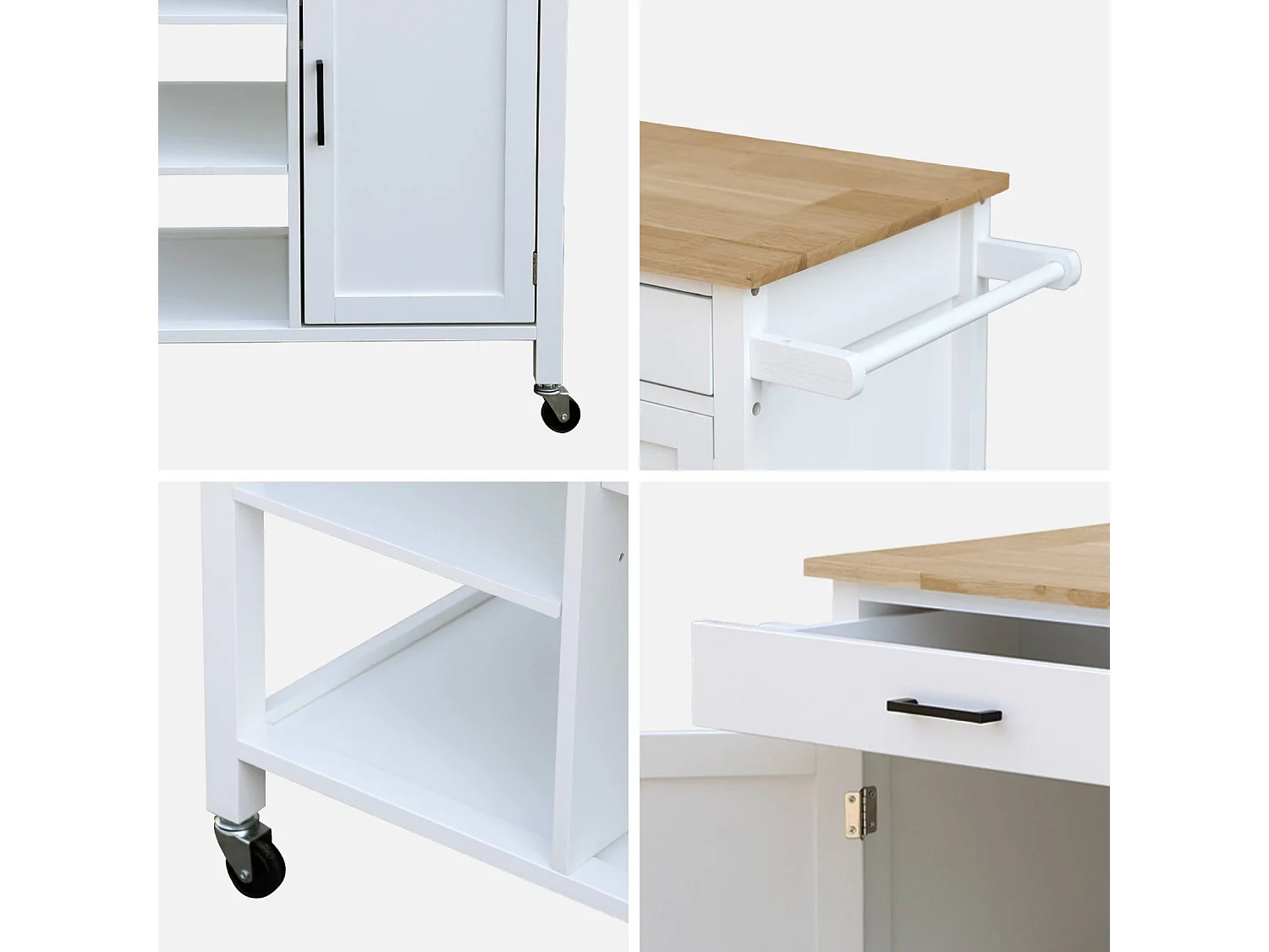 Carrello da cucina in legno di gomma con 5 ripiani, 74cm, bianco