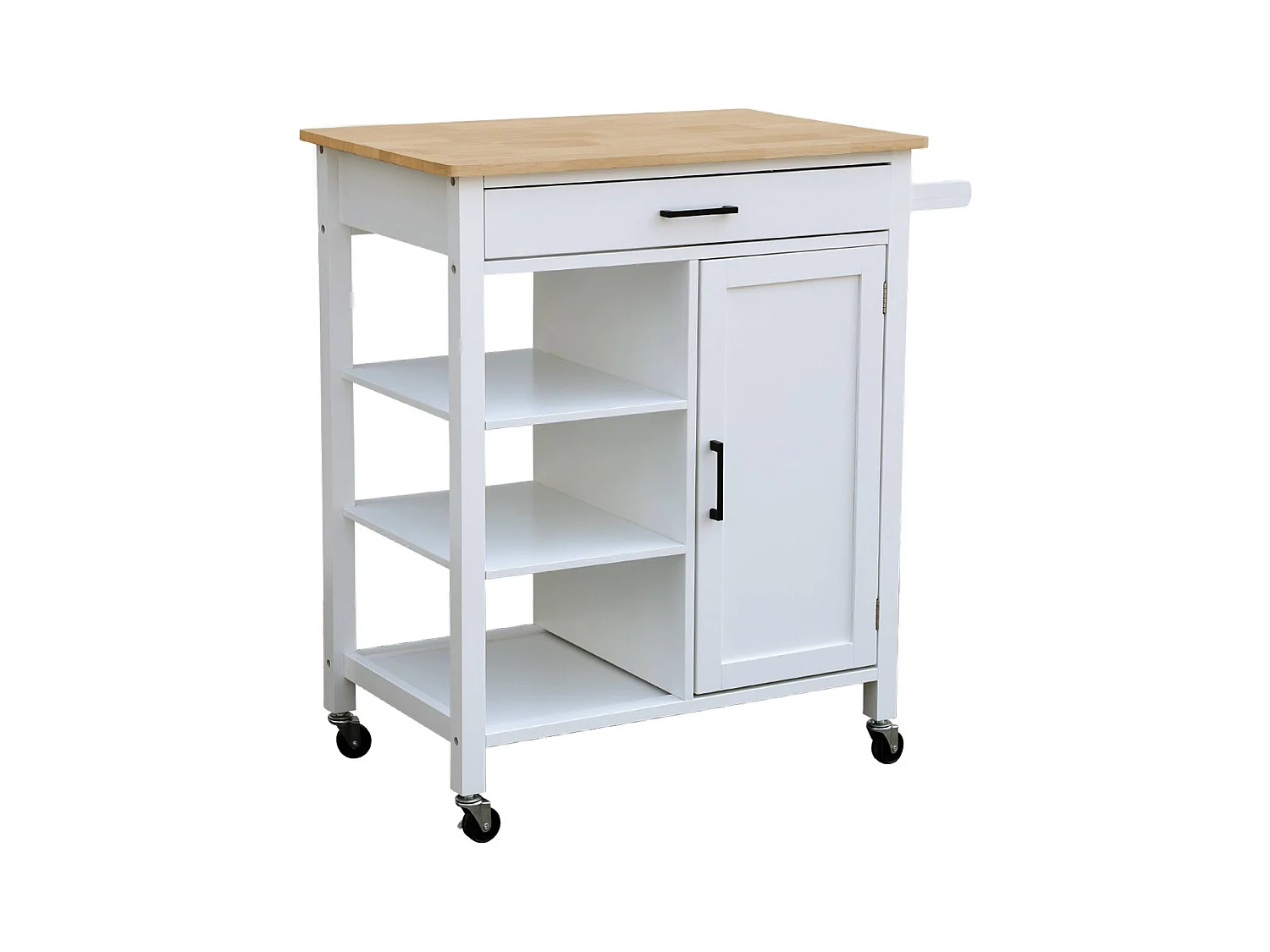 Desserte de cuisine blanche BENDOR plateau en bois d'hévéa. 83 x 47 x 91 cm. 1 poignée. 4 roues. 1 tiroir. 5 étagères. 1 porte. style contemporain