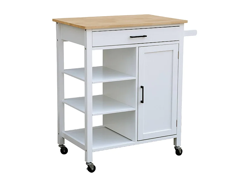 Desserte de cuisine blanche BENDOR plateau en bois d'hévéa. 83 x 47 x 91 cm. 1 poignée. 4 roues. 1 tiroir. 5 étagères. 1 porte. style contemporain
