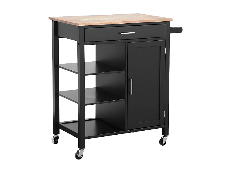 Carrello da cucina in legno di gomma con 5 ripiani, 74cm, nero