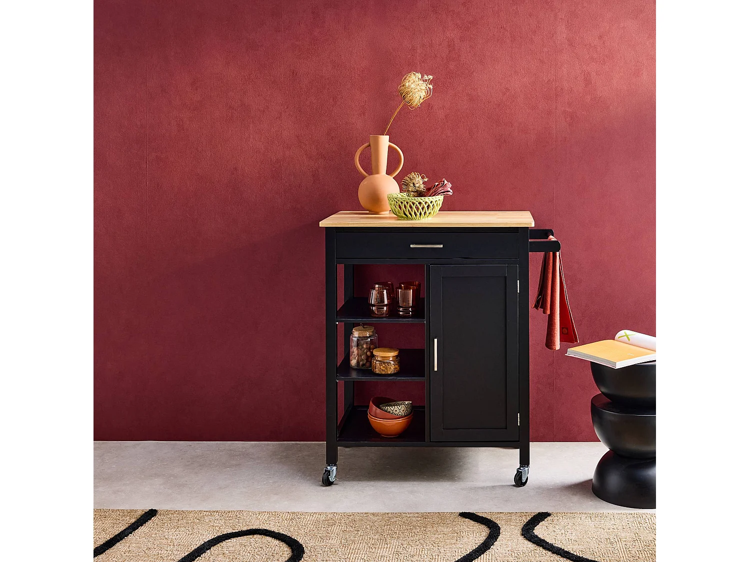 Carrello da cucina in legno di gomma con 5 ripiani, 74cm, nero