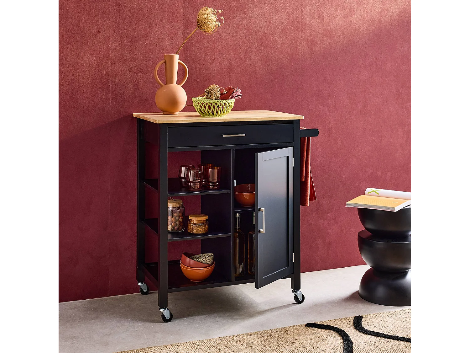 Carrello da cucina in legno di gomma con 5 ripiani, 74cm, nero