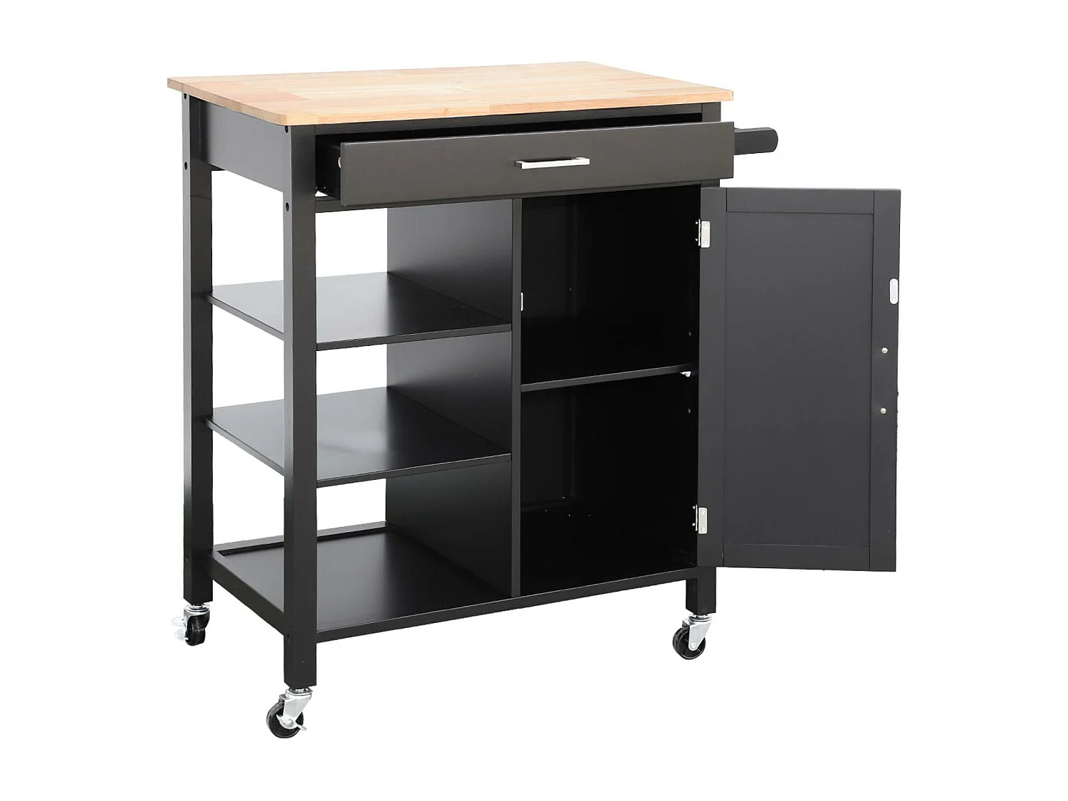 Carrello da cucina in legno di gomma con 5 ripiani, 74cm, nero