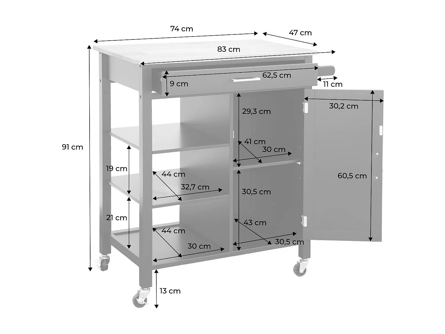 Carrello da cucina in legno di gomma con 5 ripiani, 74cm, nero