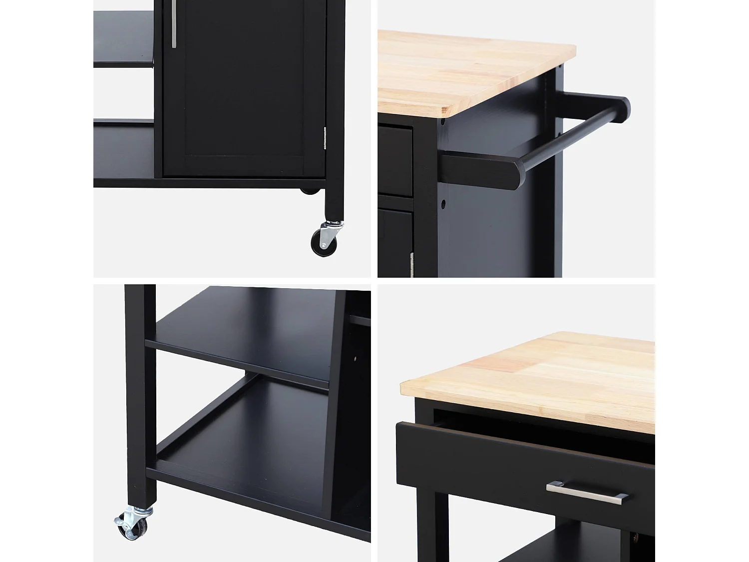 Carrello da cucina in legno di gomma con 5 ripiani, 74cm, nero