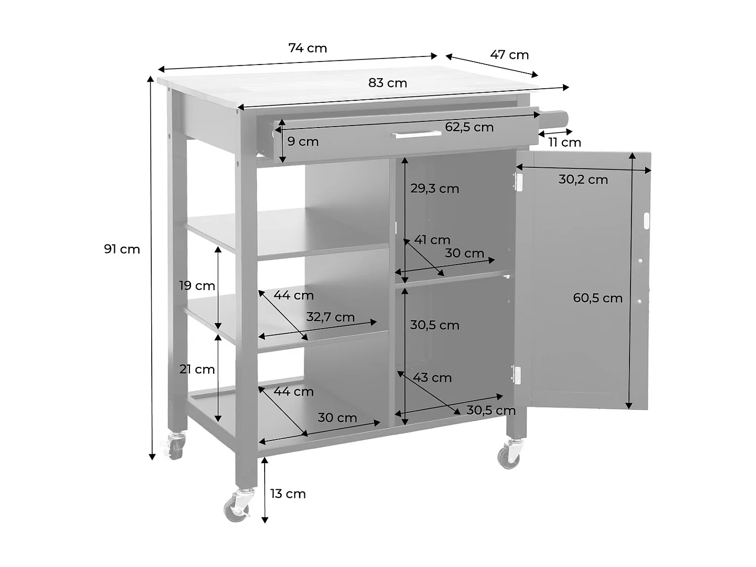 Carrello da cucina in legno di gomma con 5 ripiani, 74cm, nero
