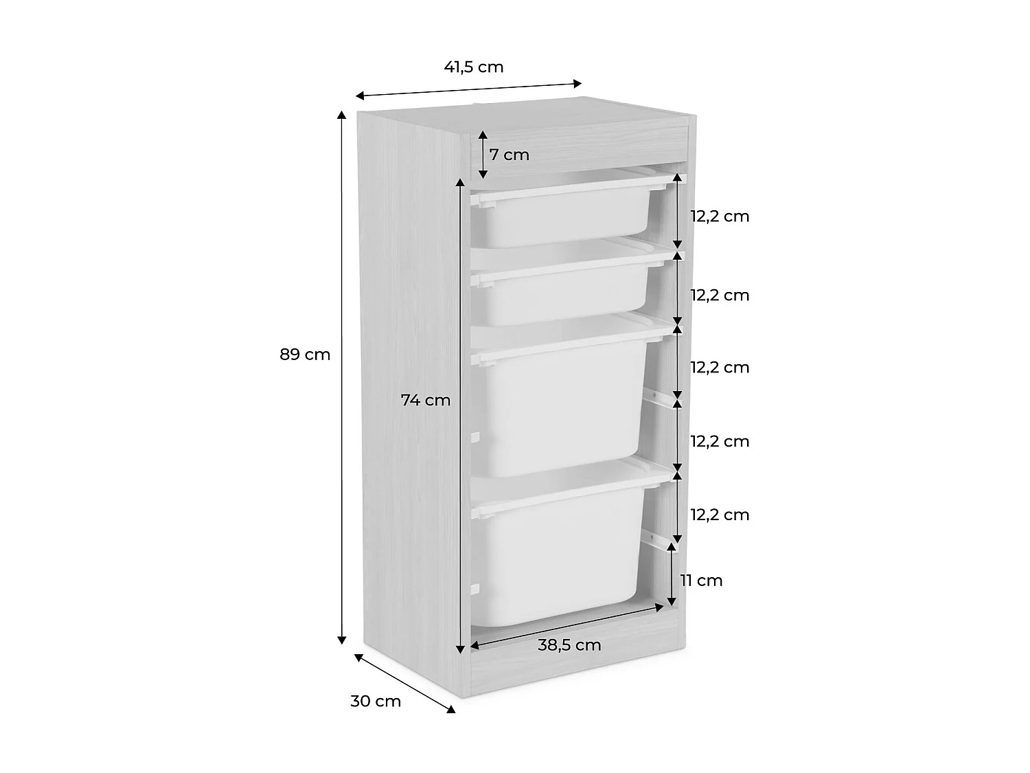 Meuble de rangement enfant 4 bacs de rangement. 41.5 x 30 x 89cm (Lot de 2) blanc