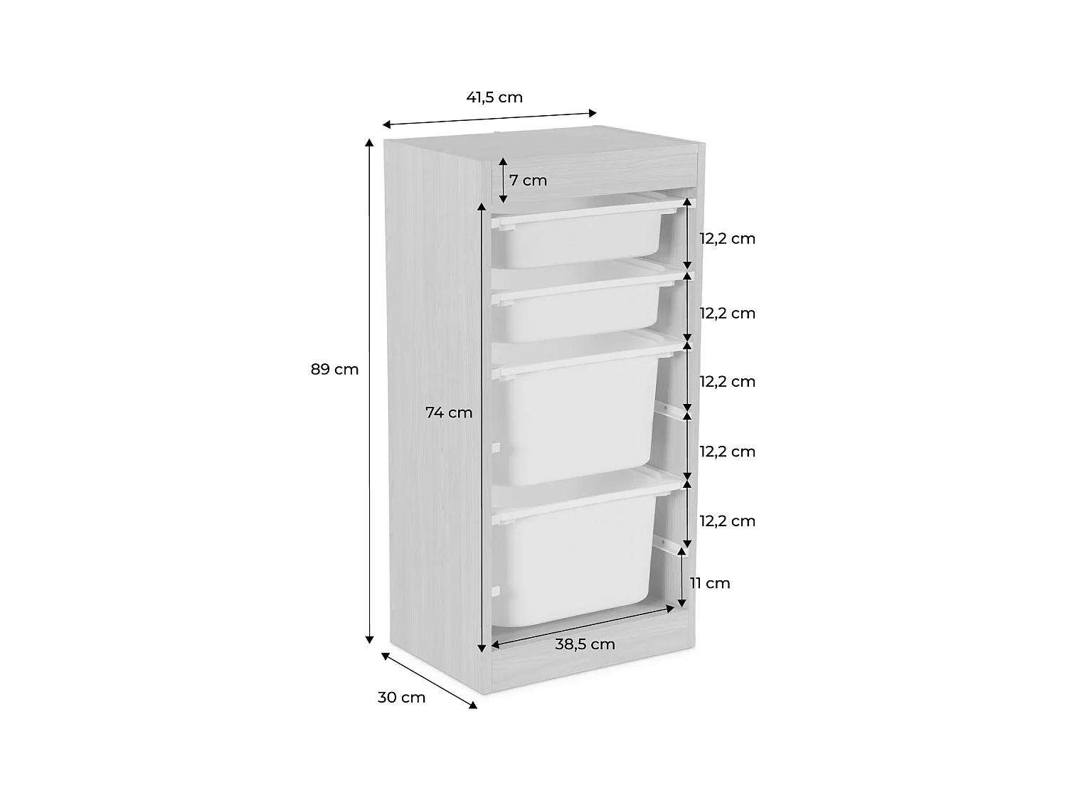 Meuble de rangement enfant 4 bacs de rangement. 41.5 x 30 x 89cm (Lot de 2) blanc