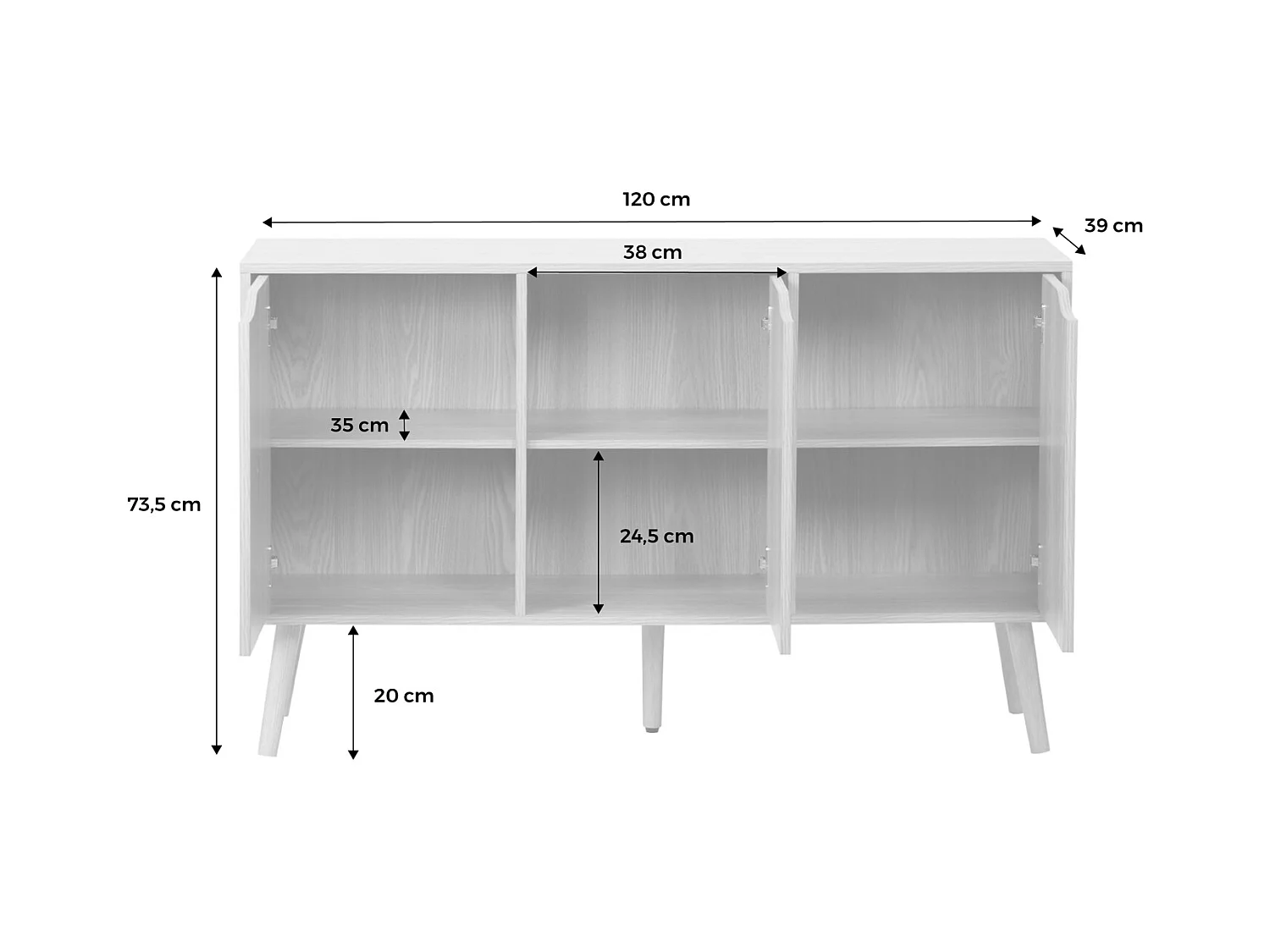 Buffet de rangement effet frêne 3 portes et 3 étagères. buffet bas. 120cm