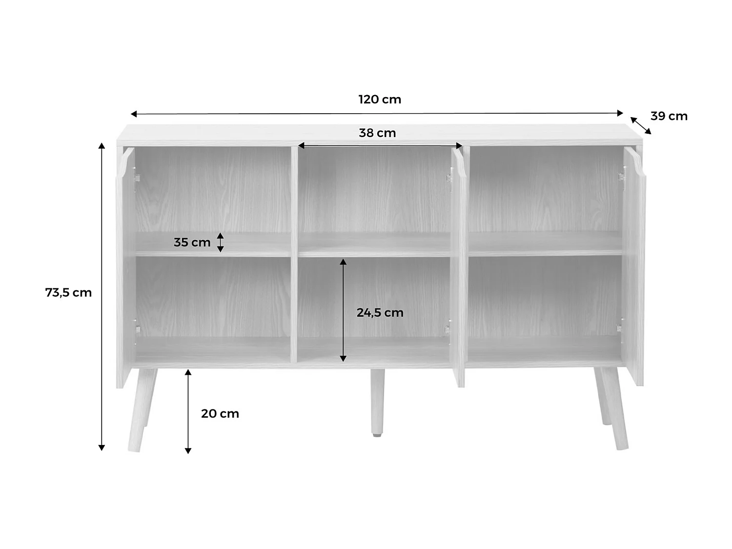 Buffet de rangement effet frêne 3 portes et 3 étagères. buffet bas. 120cm