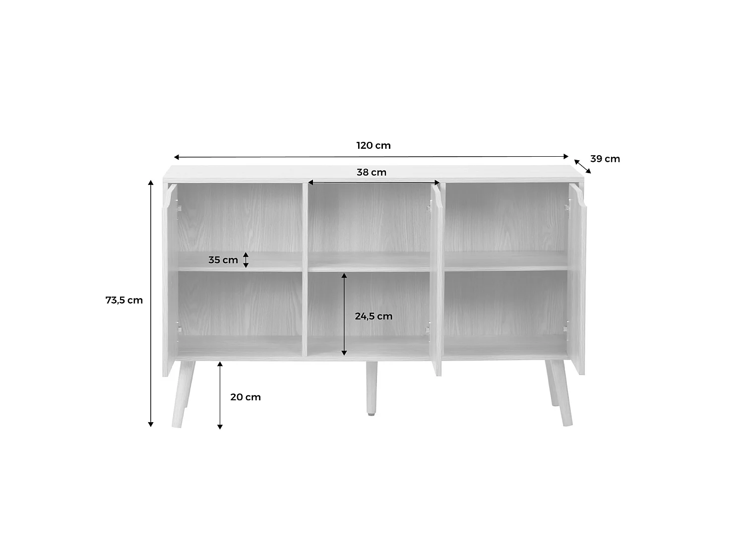 Aparador efecto nogal con 3 puertas y 3 estantes, 120cm efecto fresno