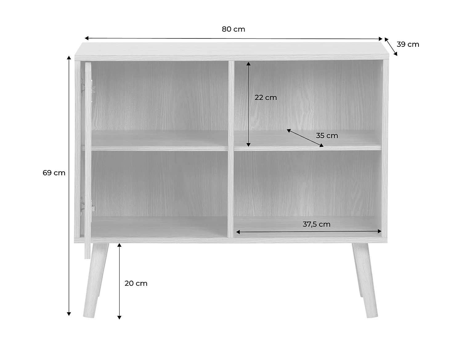 Buffet de rangement effet frêne 1 porte. 2 étagères. buffet bas. 80cm