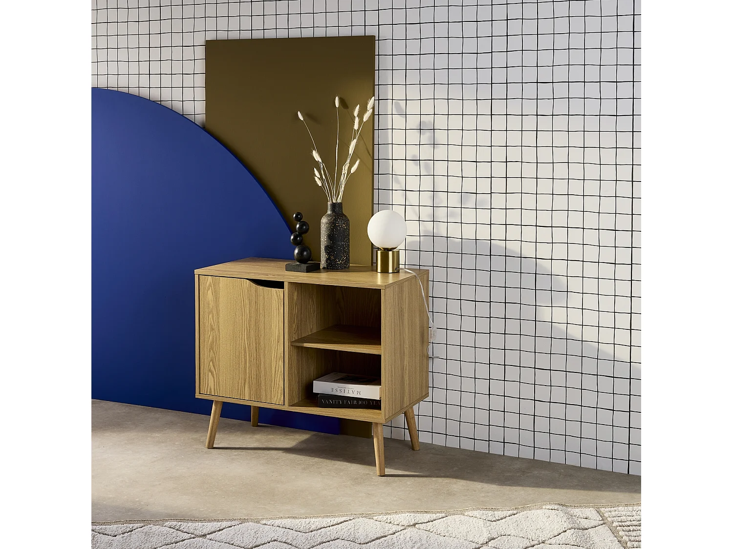 Buffet de rangement effet frêne 1 porte. 2 étagères. buffet bas. 80cm