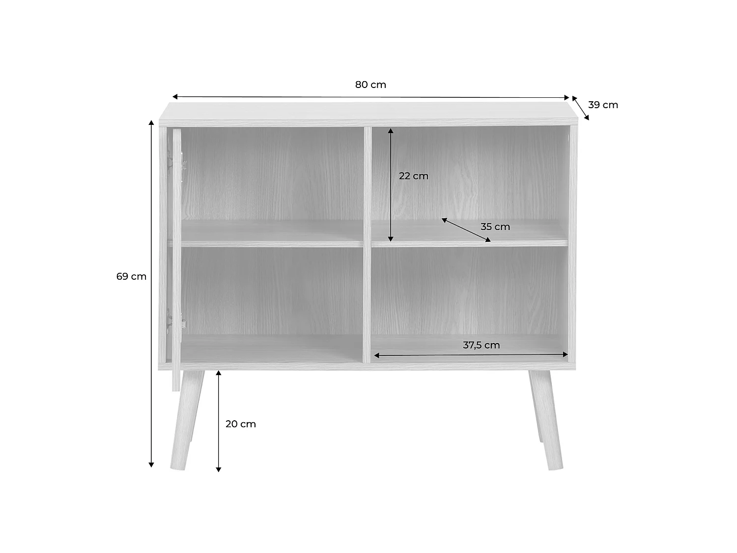 Buffet de rangement effet frêne 1 porte. 2 étagères. buffet bas. 80cm
