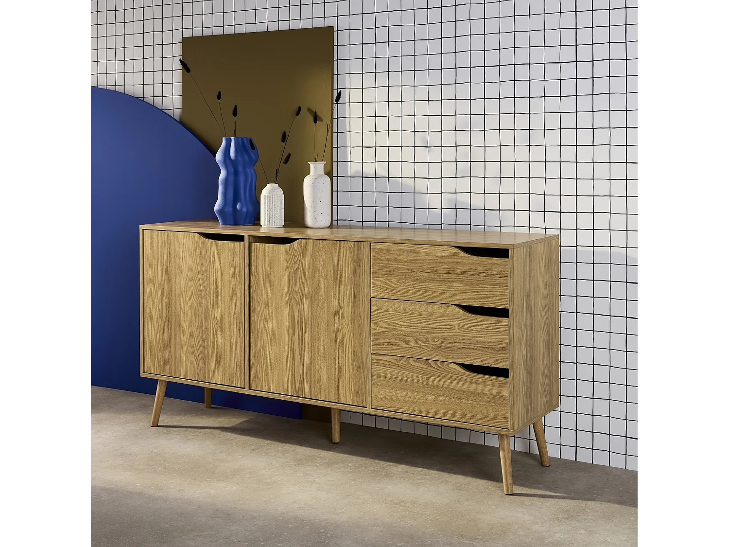 Credenza scandinava a 2 ante effetto legno di noce, 160cm, effetto