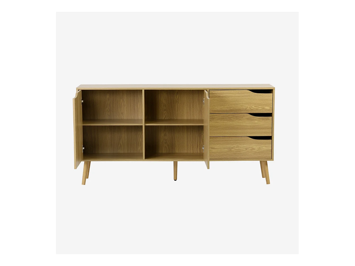 Buffet de rangement scandinave. buffet haut. vaisselier. 2 portes. 3 tiroirs. effet frêne. 160cm