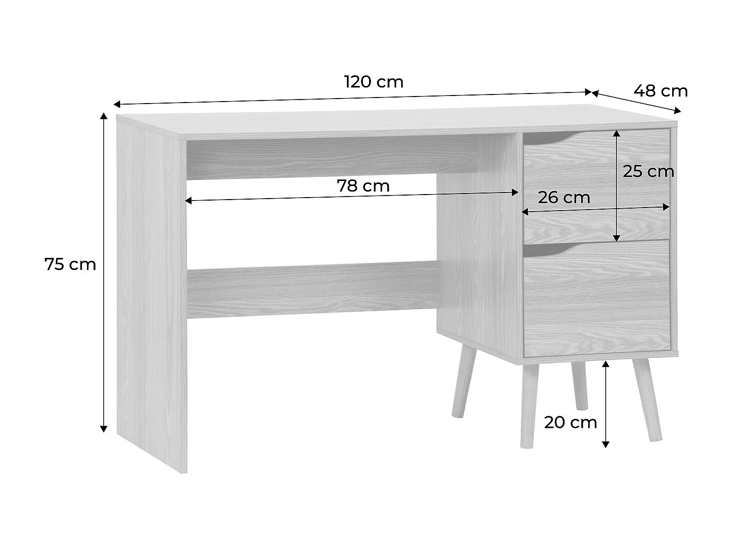 Scrivania effetto noce a 2 cassetti , effetto frassino