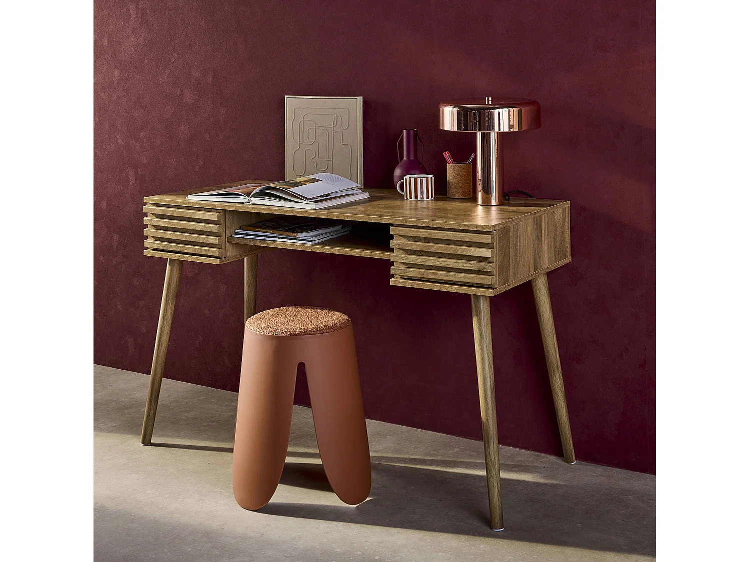 Scrivania effetto legno 2 cassetti, marrone naturale