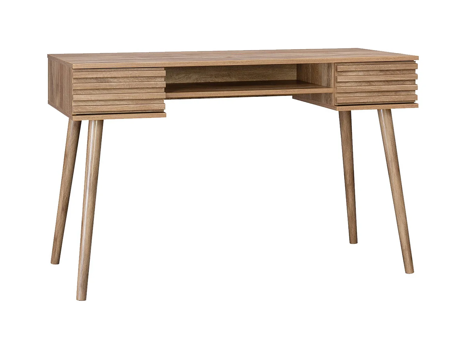 Bureau effet bois 2 tiroirs MADERE naturel. 1 casier. façade rainurées. 120 x 55 x 76.5 cm