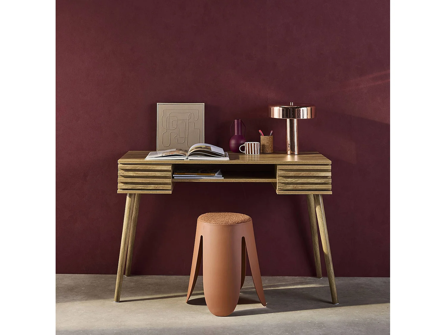 Scrivania effetto legno 2 cassetti, marrone naturale