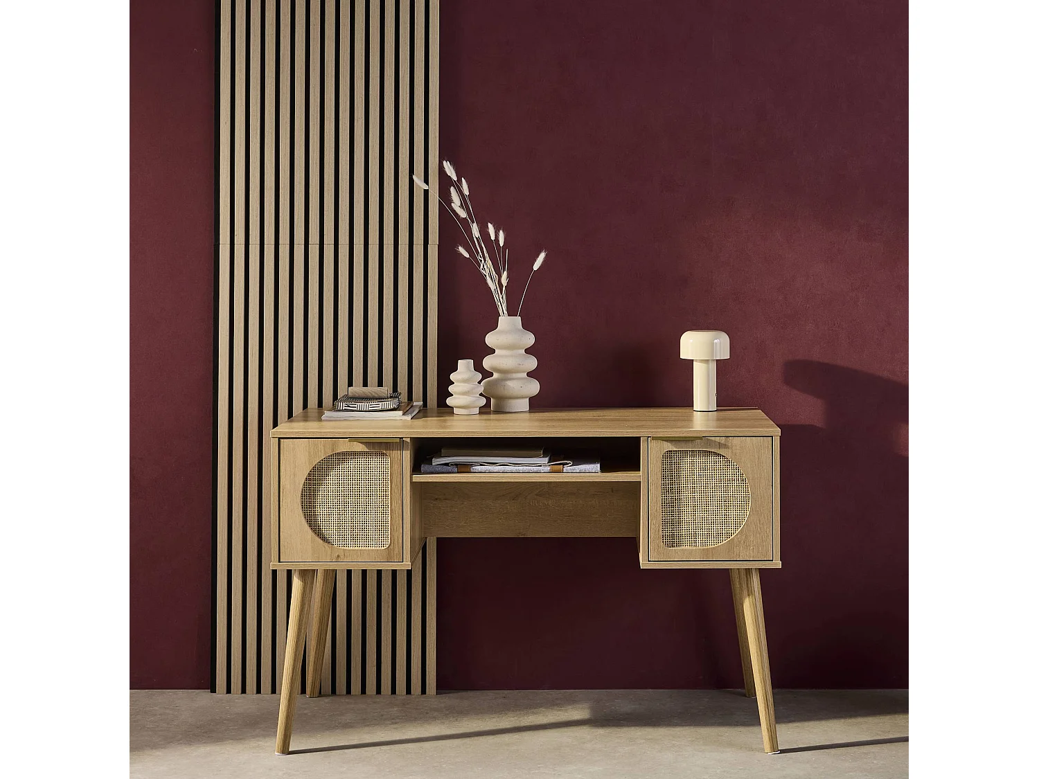 Bureau décor bois et cannage 2 portes EVA naturel 120 x 55 x 76.5 cm