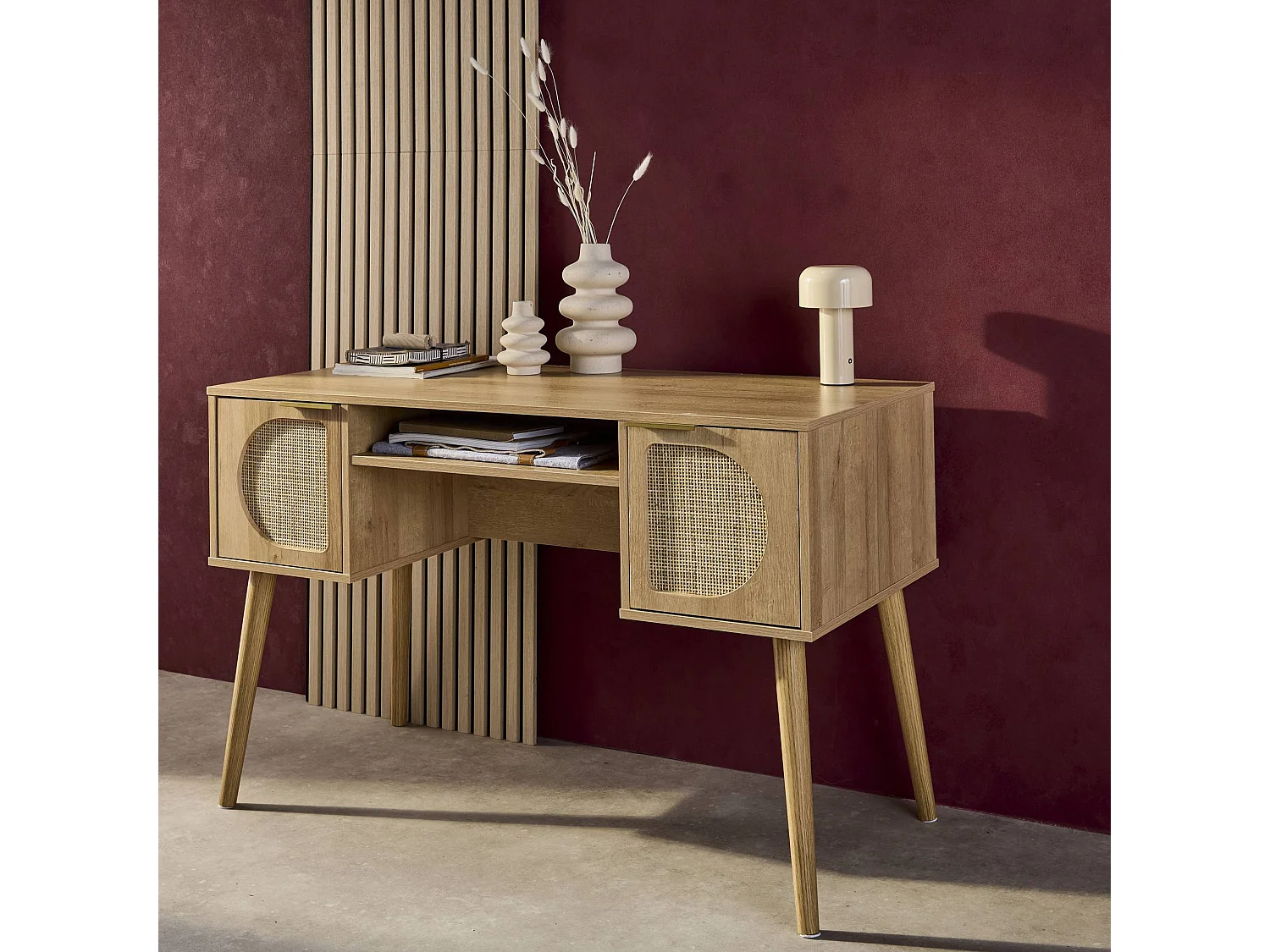 Bureau décor bois et cannage 2 portes EVA naturel 120 x 55 x 76.5 cm