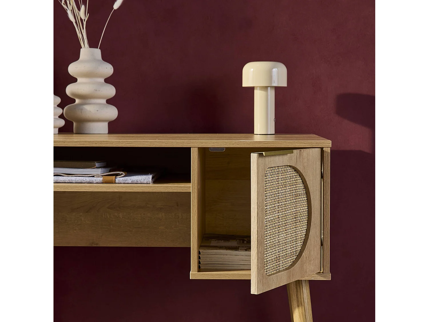 Bureau décor bois et cannage 2 portes EVA naturel 120 x 55 x 76.5 cm