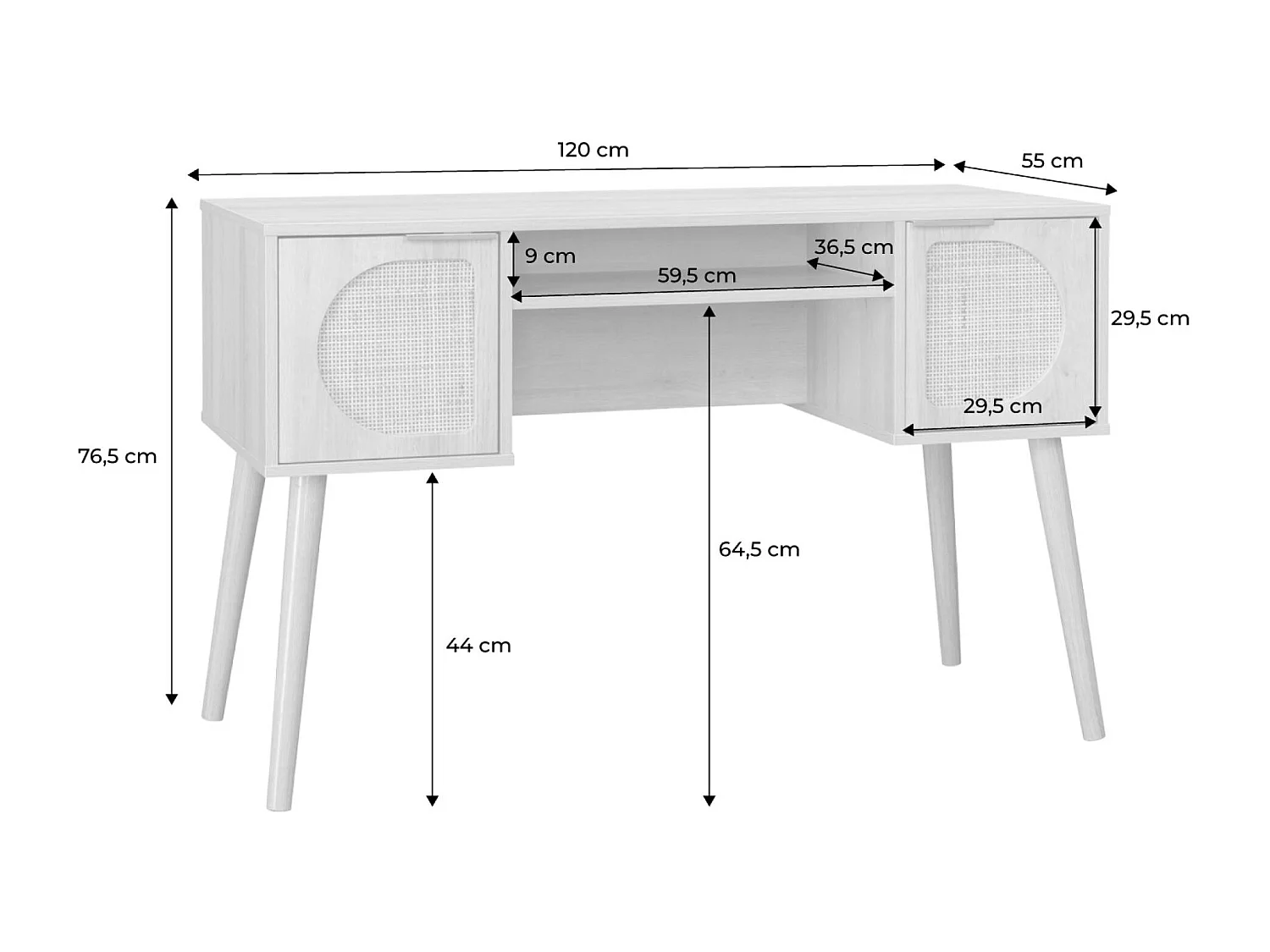Bureau décor bois et cannage 2 portes EVA naturel 120 x 55 x 76.5 cm
